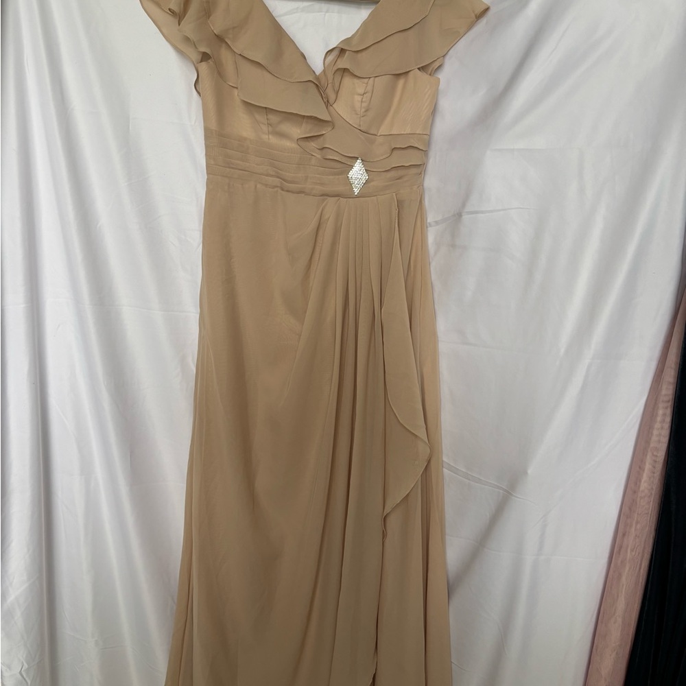 Ruffled V-Neck Maxi Dress in Taupe with Decorative Waist Accent